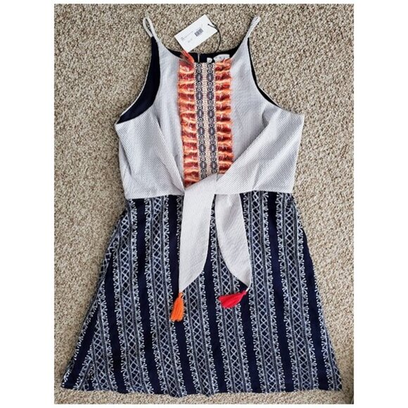 NWT THML Boho Tie-Front Mini Dress Tassel Embroidered A-Line Sundress Sz L Girly - Picture 2 of 8